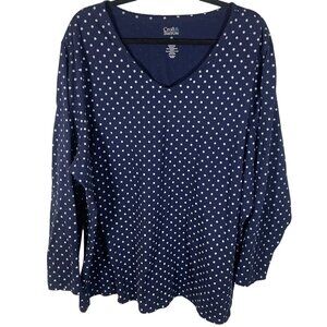 Croft & Barrow Intimates Polka Dot VNeck Top Women 4X Blue Long Sleeve Scallop